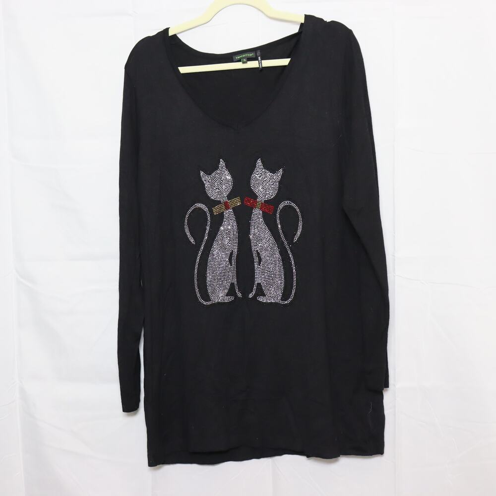 Tricotto Black Rhinestone Cat Graphic Long‎ Sleeve Top Size XL